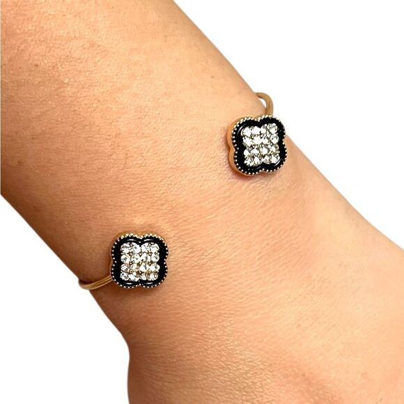 Elegant Double Clover Clear Rhinestone Black Edge Gold Tone Open Cuff Bracelet - Picture 3 of 3